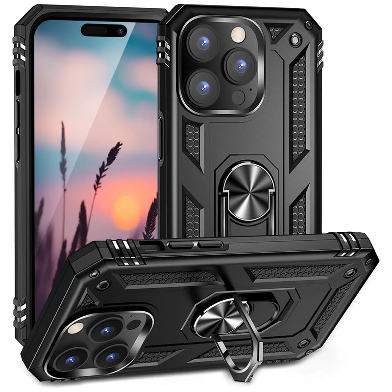 TJS "DuoGuard" Ring Kickstand Phone Case for iPhone 14 Pro