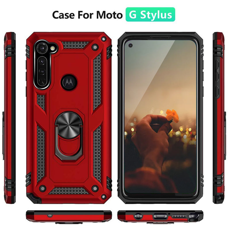TJS "DuoGuard" Ring Kickstand Phone Case for Motorola Moto G Stylus 2020