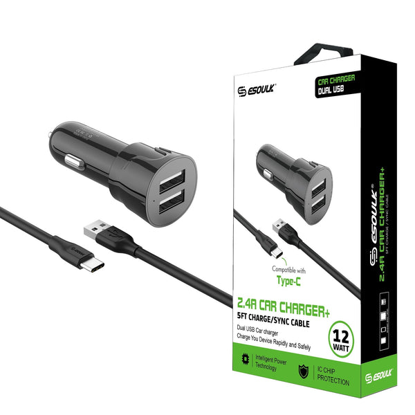 ESOULK 12W 2.4A Dual USB Travel Car Charger with 5ft USB to USB-C Charging Cable