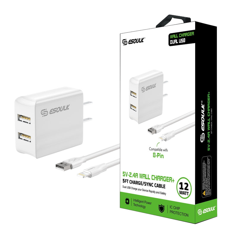 ESOULK 12W 2.4A Dual USB Travel Wall Charger with 5ft USB to Lightning Charging Cable
